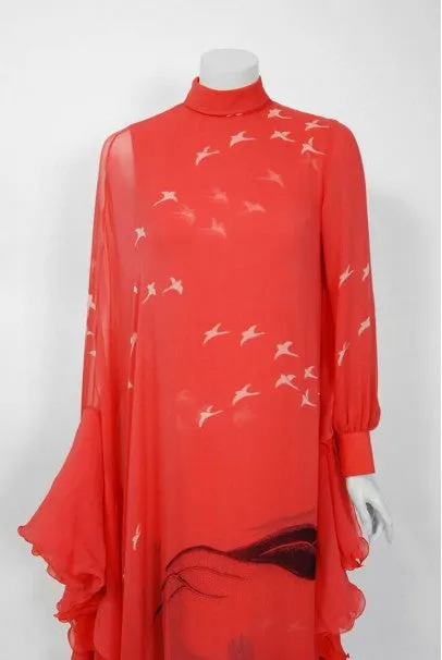 1972 Hanae Mori Couture Documented Scenic Bird Print Silk-Chiffon Caftan Dress