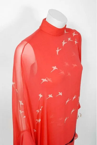 1972 Hanae Mori Couture Documented Scenic Bird Print Silk-Chiffon Caftan Dress