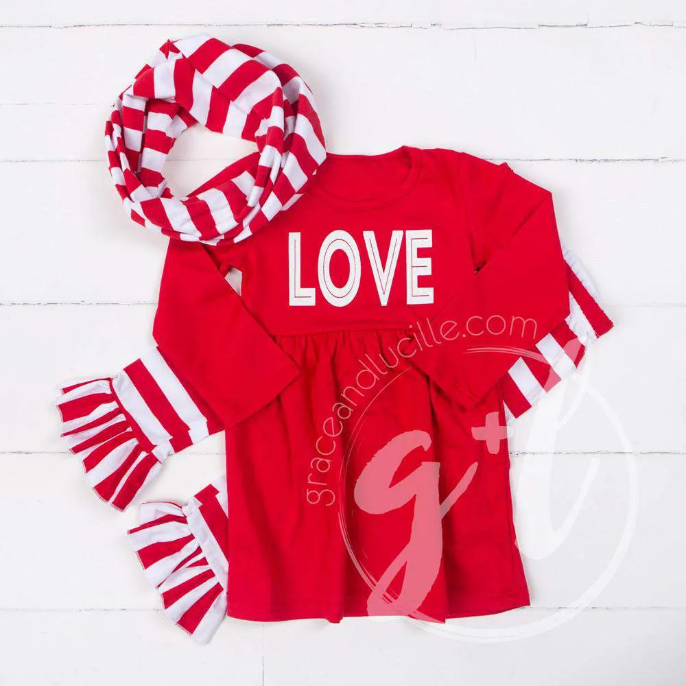 All My LOVE Red Empire Waist Tunic Dress, Striped Scarf & Leggings Outfit