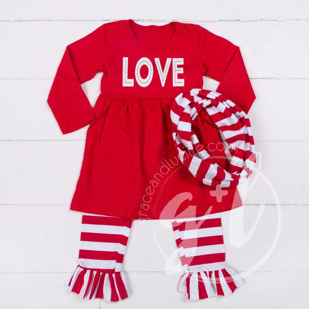 All My LOVE Red Empire Waist Tunic Dress, Striped Scarf & Leggings Outfit