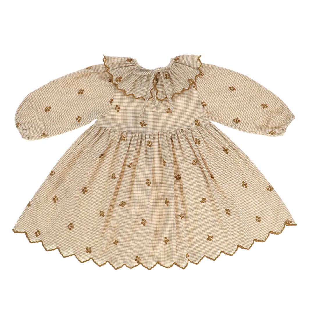 BEBE ORGANIC SAND CHECKERED FLORAL SCALLOP TRIM DRESS