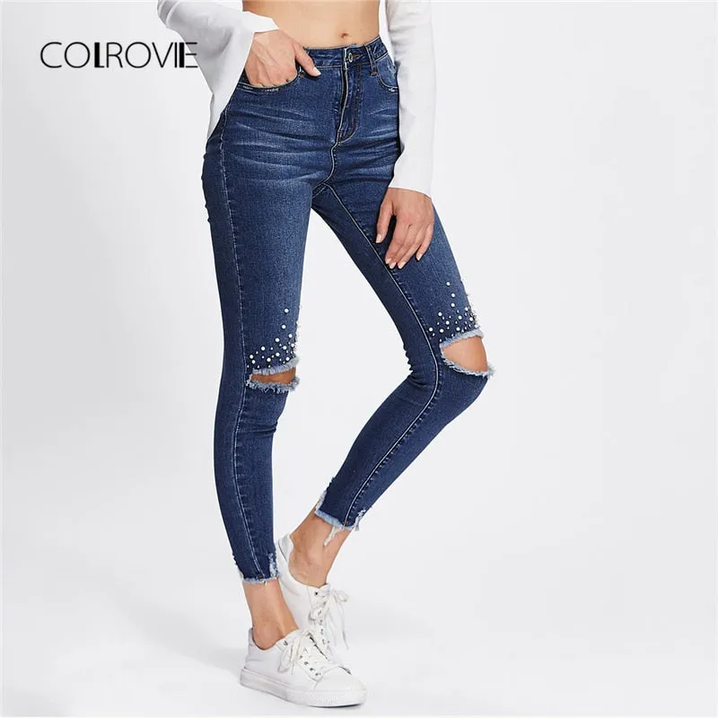 Blue Casual Pearl Beading Ripped Casual Denim Jeans Autumn Streetwear Mid Waist Jeans Female Stretchy Pants