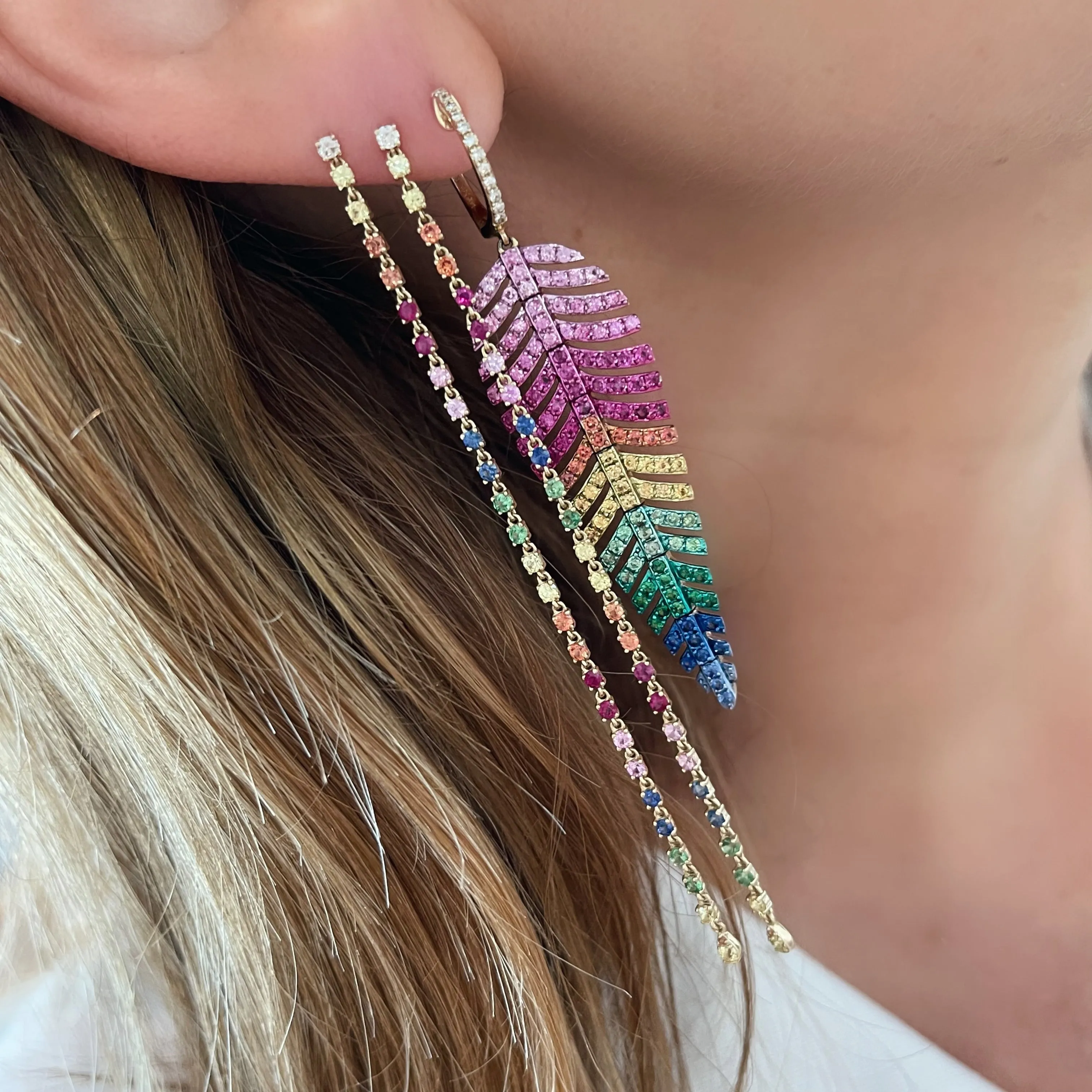 Bold Rainbow Gemstone Fancy Feather Drop Earrings