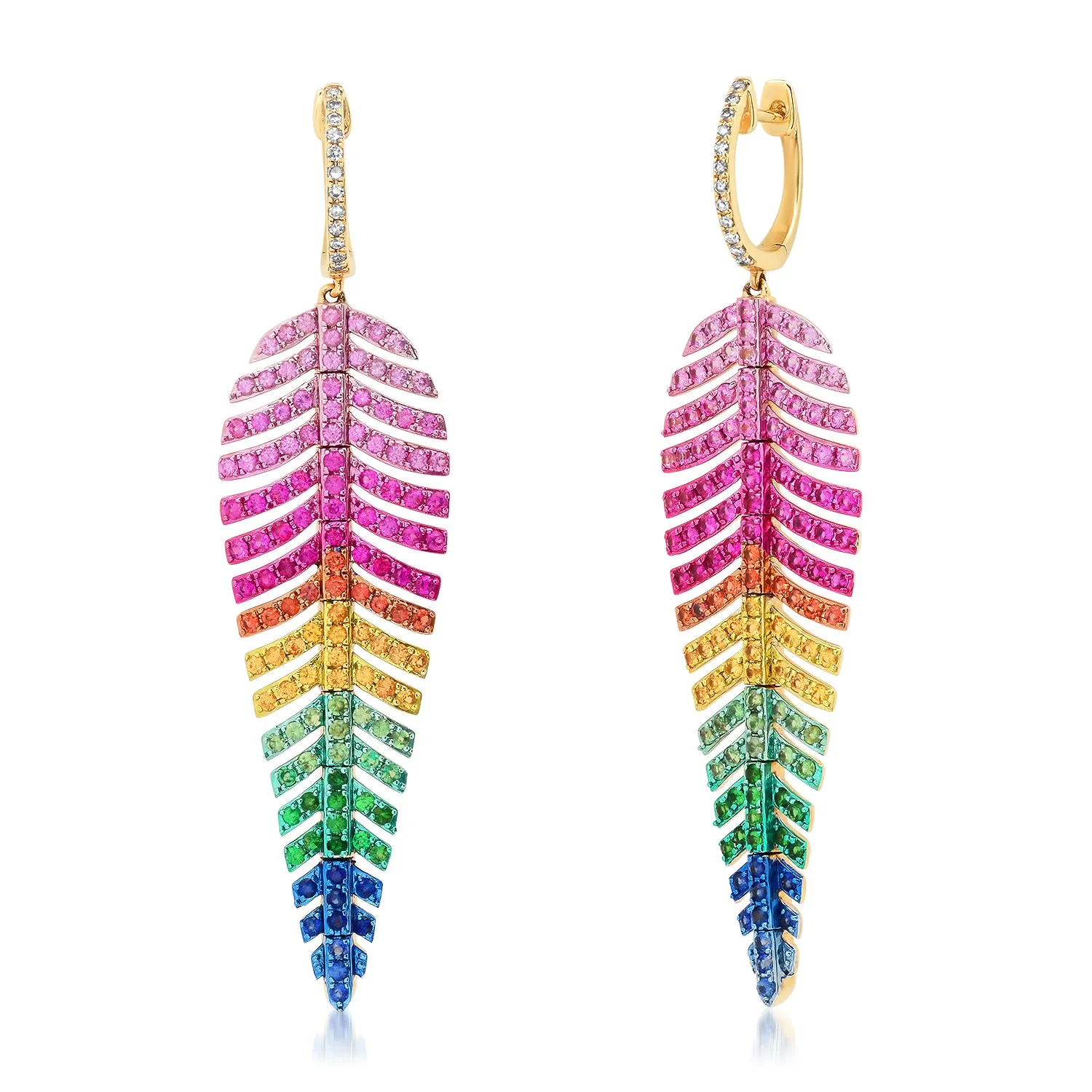 Bold Rainbow Gemstone Fancy Feather Drop Earrings