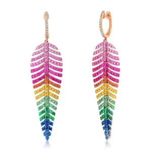 Bold Rainbow Gemstone Fancy Feather Drop Earrings