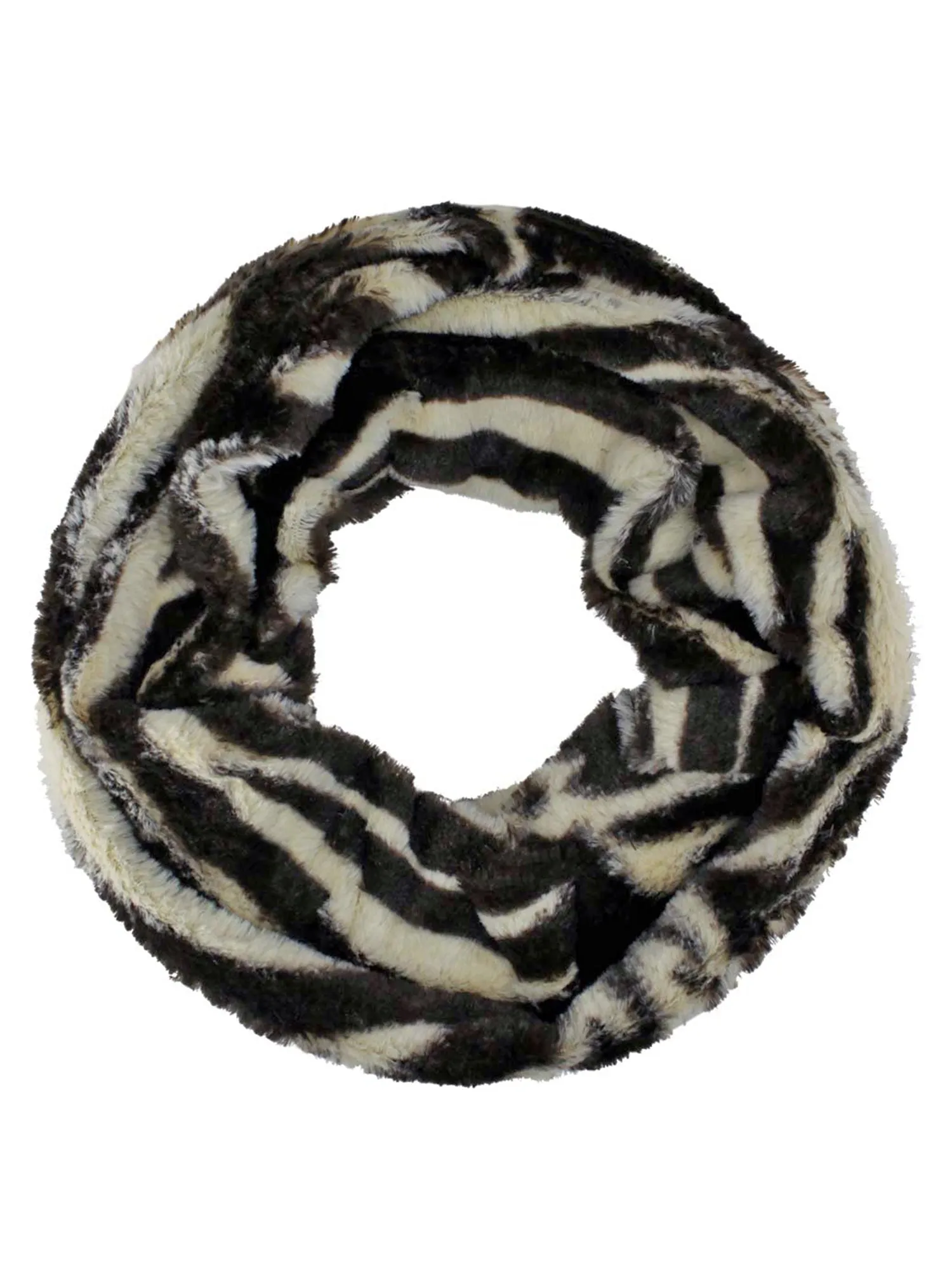 Brown & Beige Zebra Stripe Faux Fur Circle Infinity Scarf