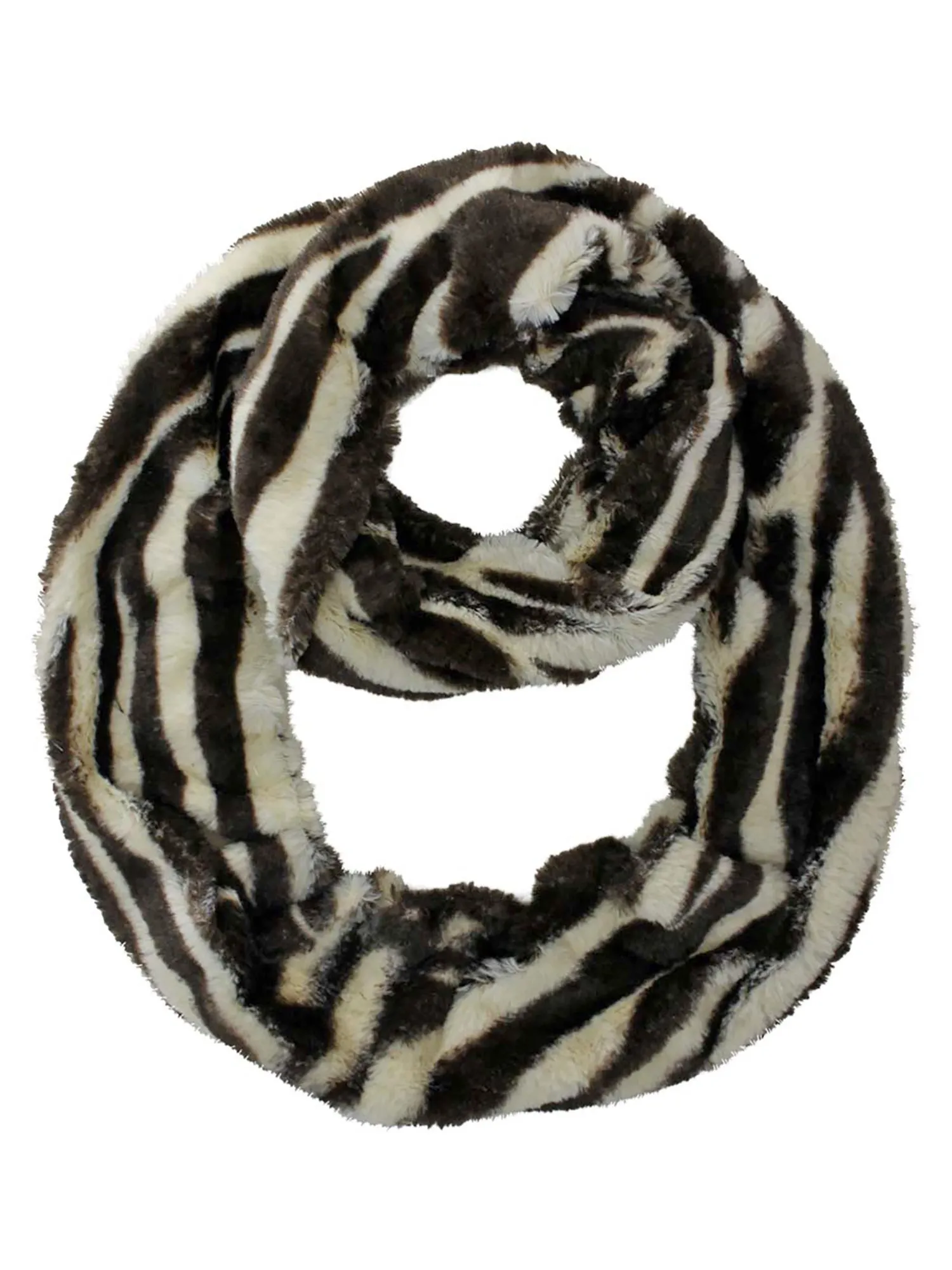 Brown & Beige Zebra Stripe Faux Fur Circle Infinity Scarf