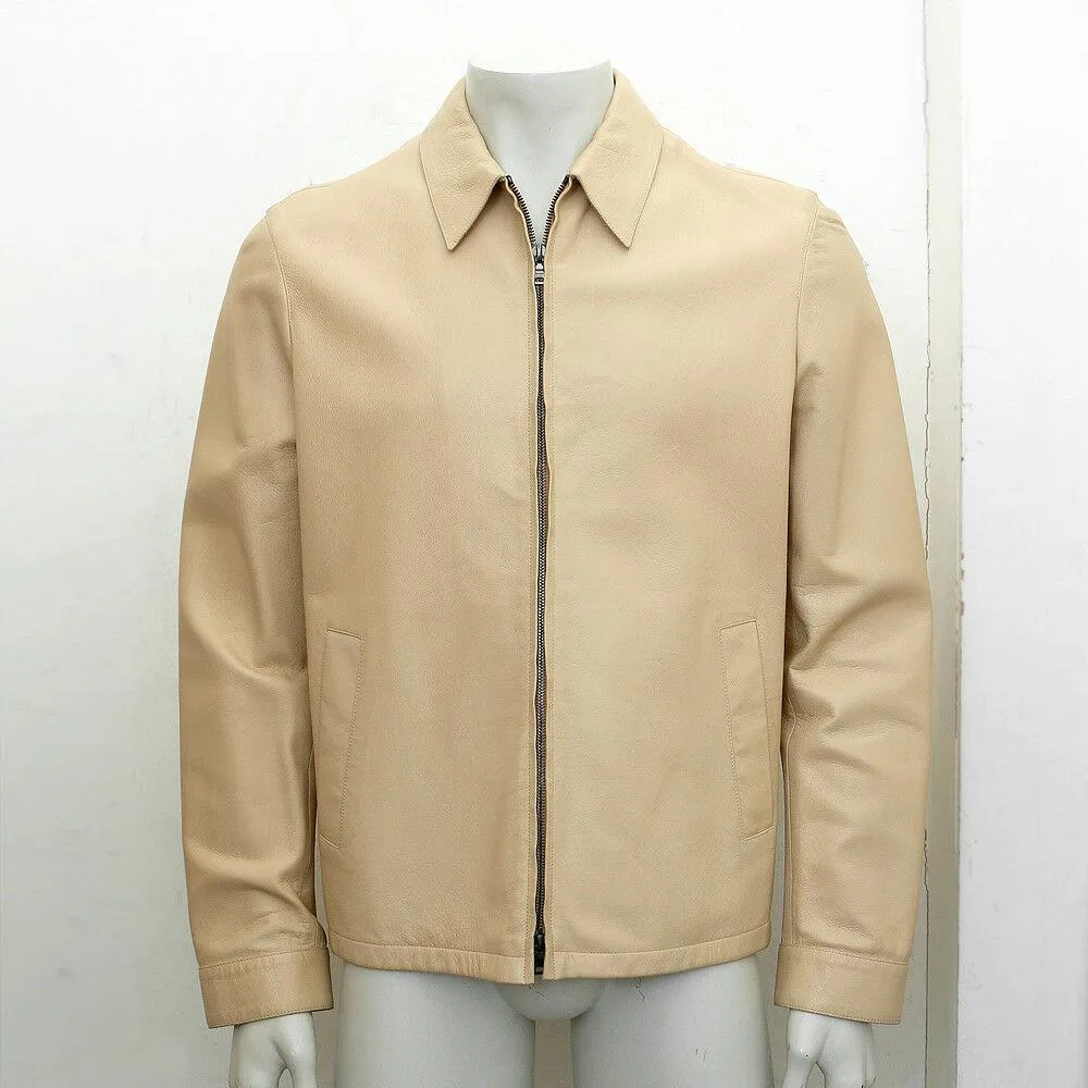 Calfskin Leather Zip Up Jacket in Peach Tone