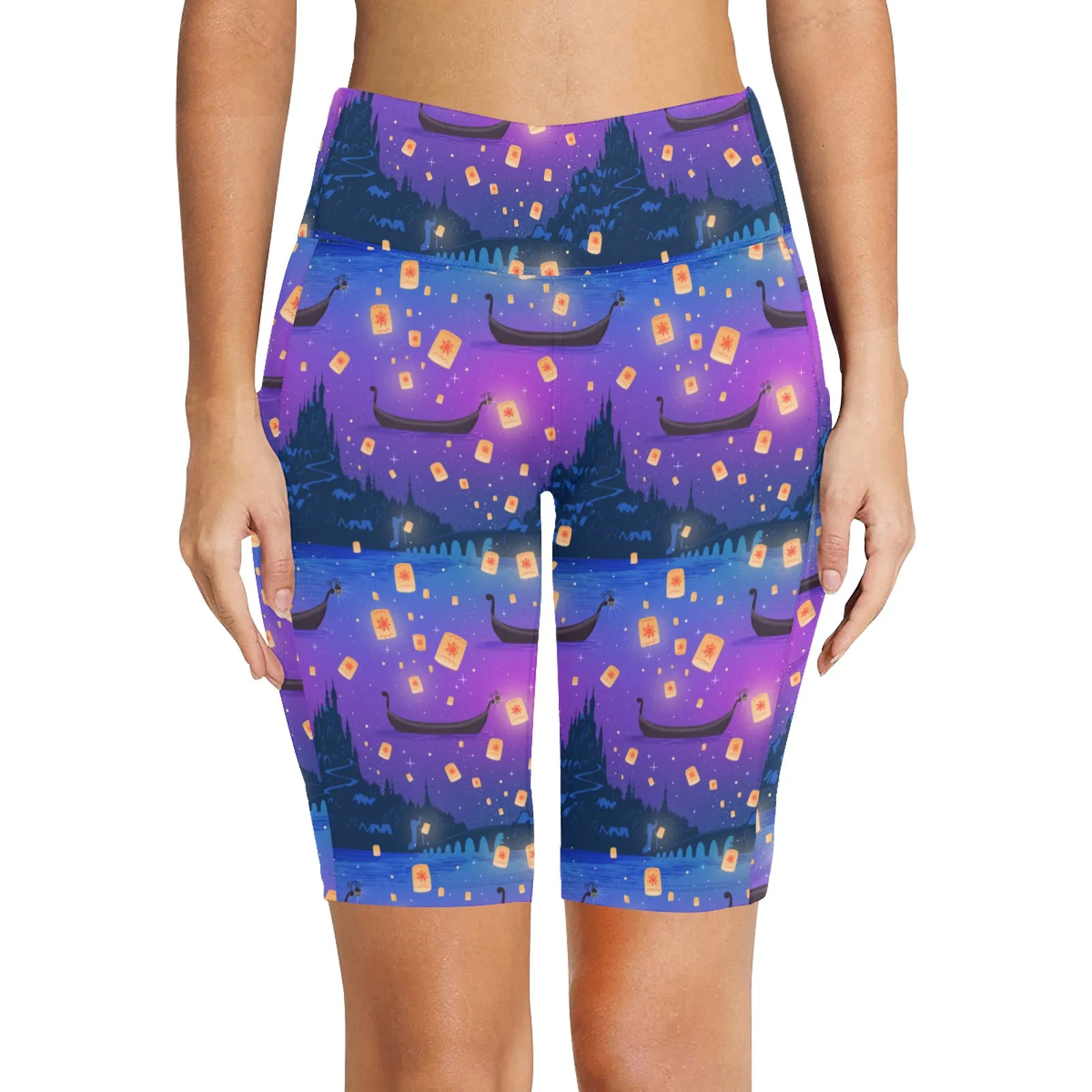 Disney Tangled Rapunzel Floating Lanterns Women's Athletic Workout Half Tights Leggings With Side Pockets