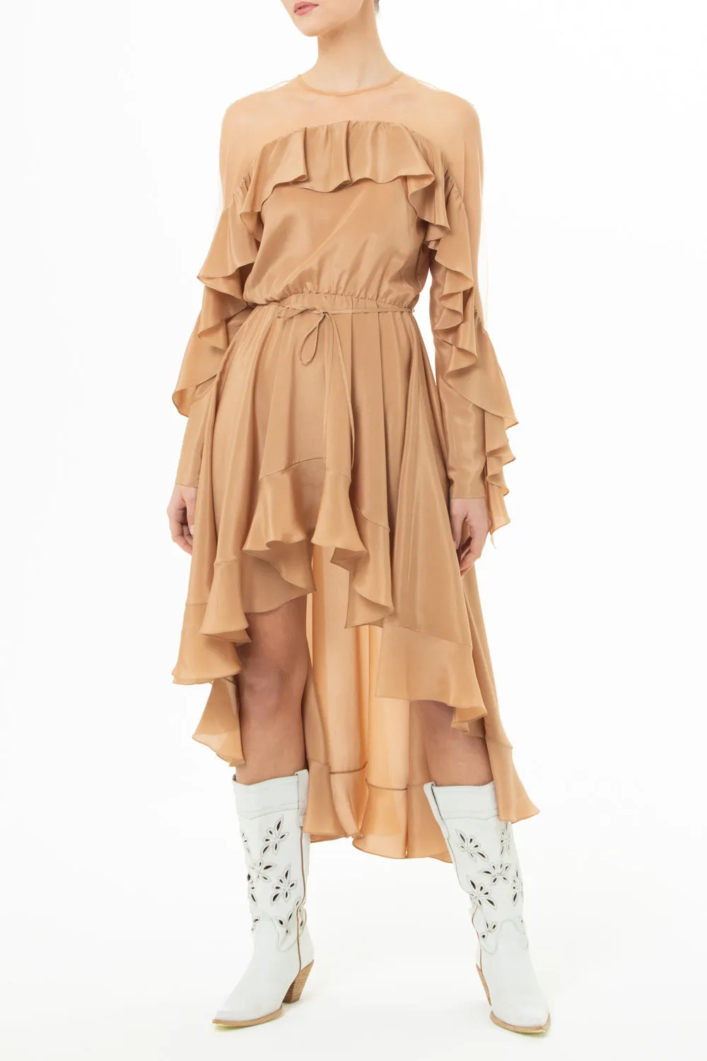 Dress with a frill and an asymmetrical hem line