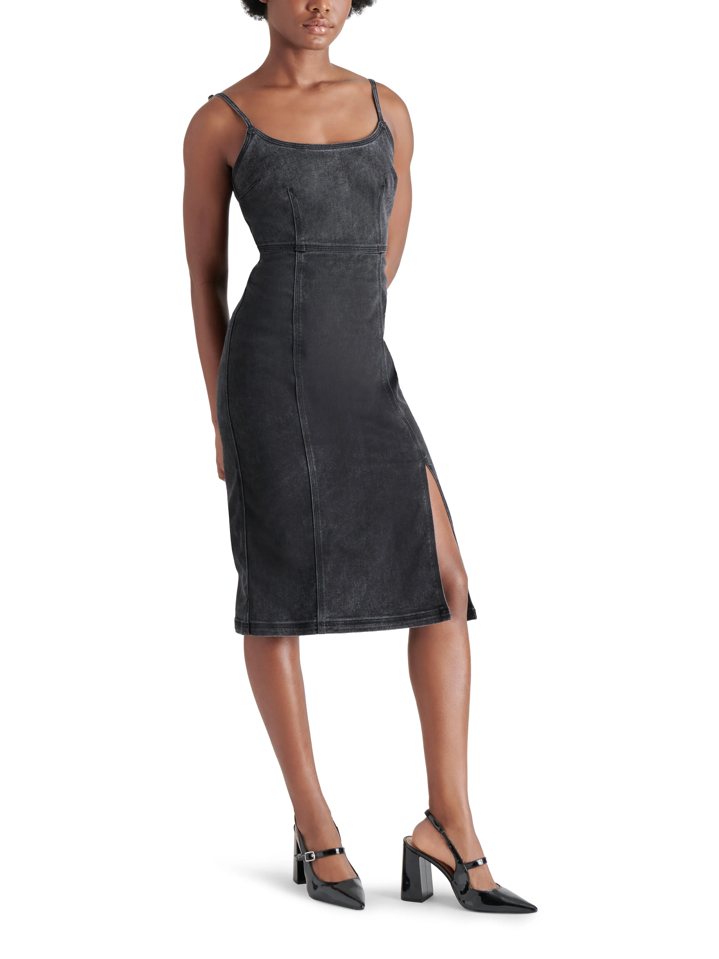 Giselle Fitted Denim Dress, Washed Black | Steve Madden