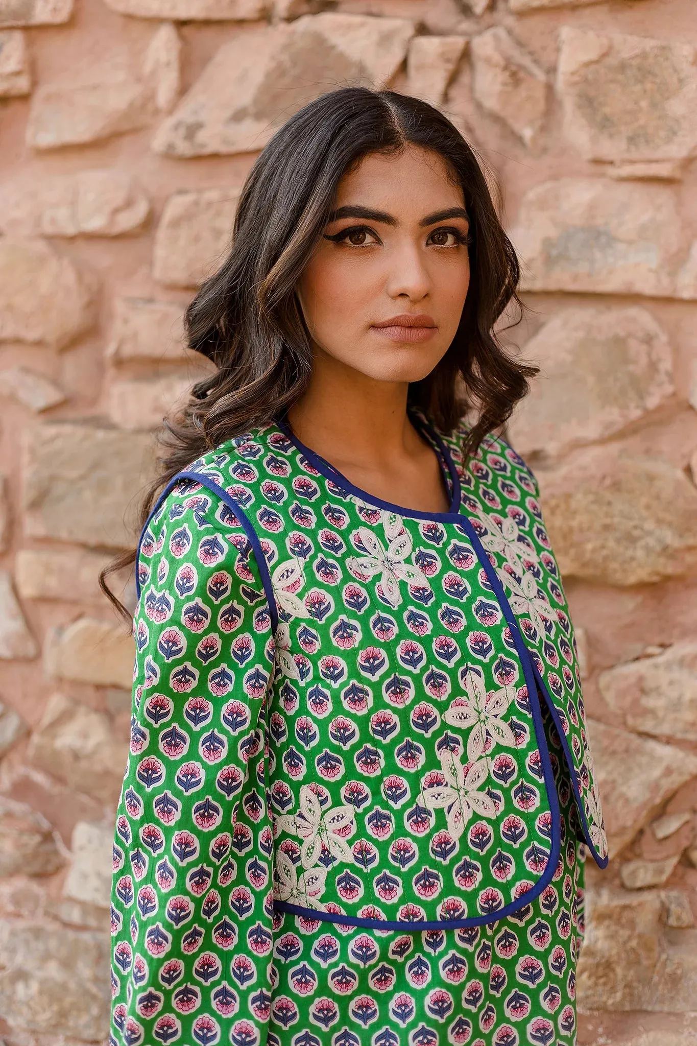 Green Kurta Set With Embroidered Quilted Jacket