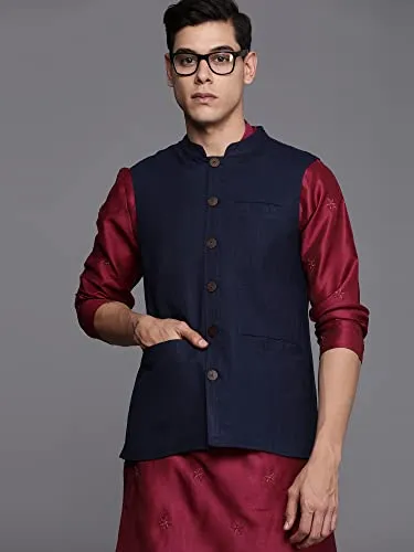 INDO ERA Men's Cotton Blend Solid Ethnic Nehru Jackets(MNJ1NB1119M_Navy Blue_M-Size)