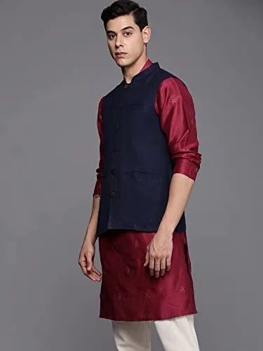 INDO ERA Men's Cotton Blend Solid Ethnic Nehru Jackets(MNJ1NB1119M_Navy Blue_M-Size)