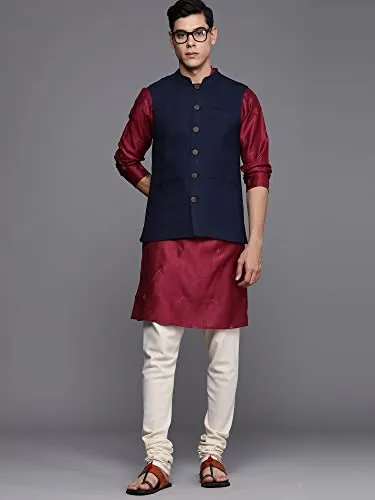 INDO ERA Men's Cotton Blend Solid Ethnic Nehru Jackets(MNJ1NB1119M_Navy Blue_M-Size)