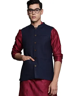 INDO ERA Men's Cotton Blend Solid Ethnic Nehru Jackets(MNJ1NB1119M_Navy Blue_M-Size)