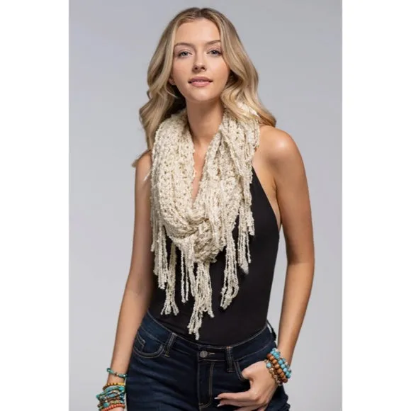 Ivory Net Boucle Yarn Fringe Infinity Winter Fall Casual Women's Scarf