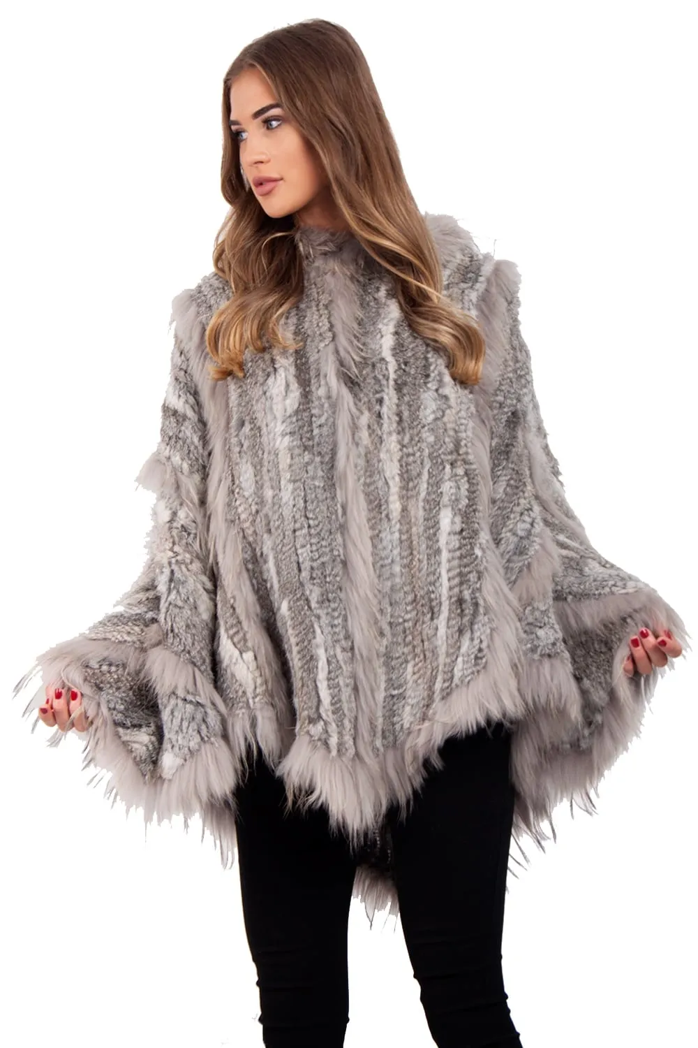 Knitted Rabbit Fur Hooded Swing Cape Poncho