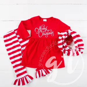 Merry Christmas Red Empire Waist Tunic Dress, Striped Scarf & Leggings Outfit