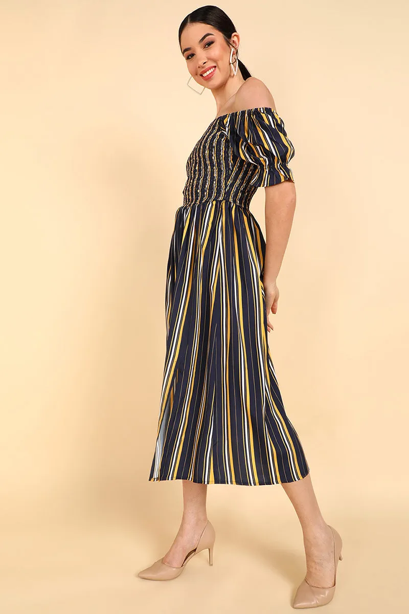 Navy Blue Polyester Striped Off Shoulder Midi Dress