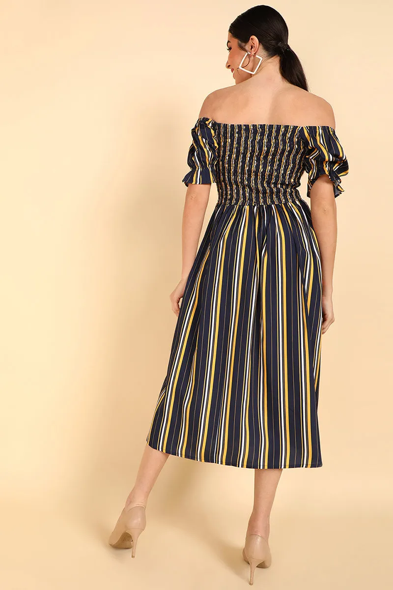 Navy Blue Polyester Striped Off Shoulder Midi Dress