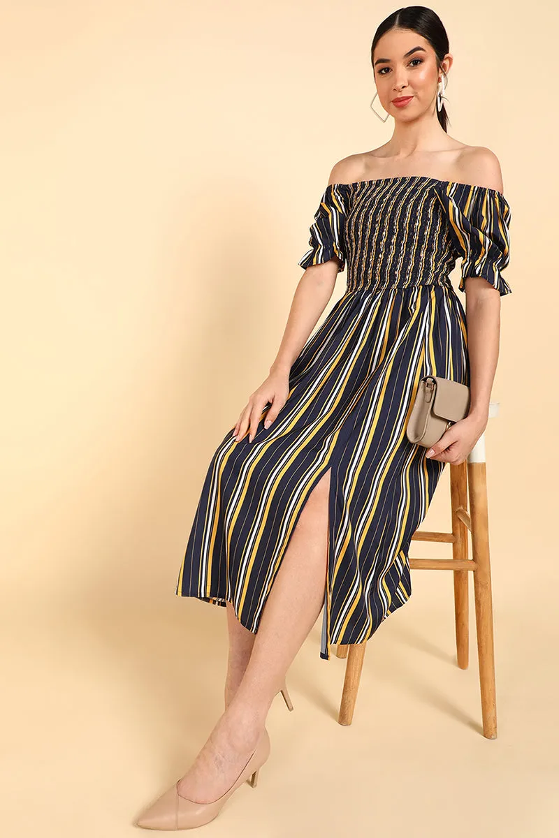 Navy Blue Polyester Striped Off Shoulder Midi Dress