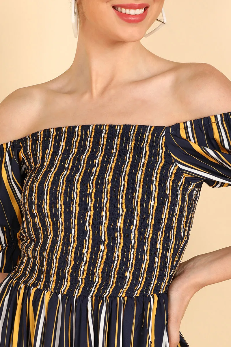 Navy Blue Polyester Striped Off Shoulder Midi Dress