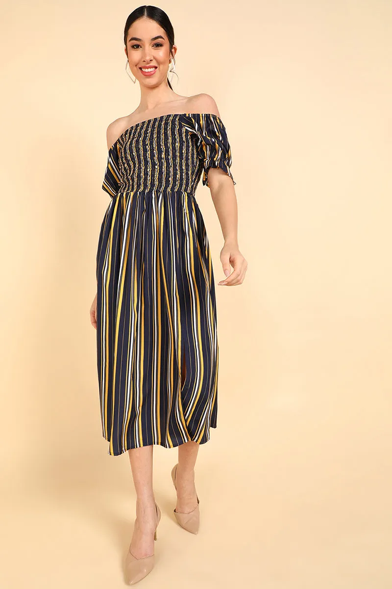 Navy Blue Polyester Striped Off Shoulder Midi Dress