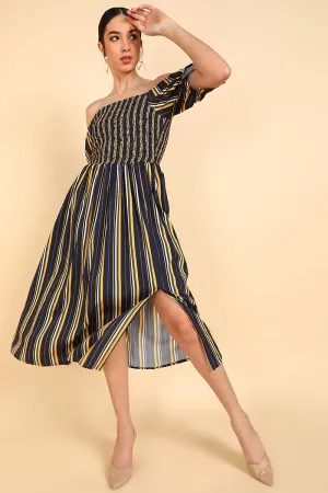 Navy Blue Polyester Striped Off Shoulder Midi Dress