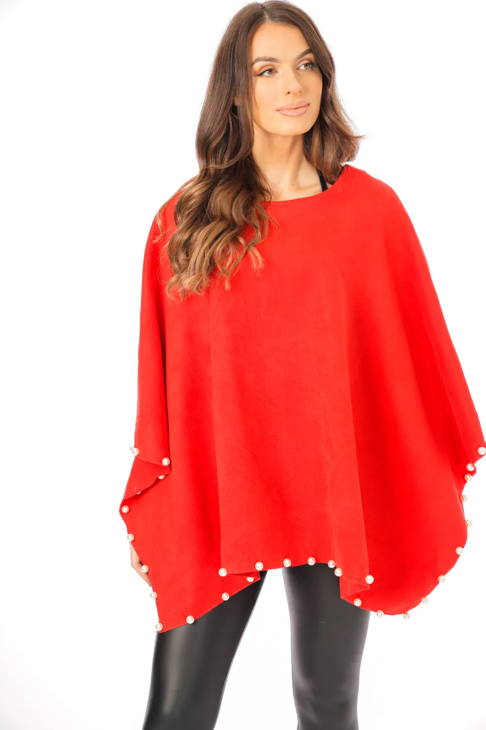 Oversized Felt Pull Over Poncho with Pearl Detail