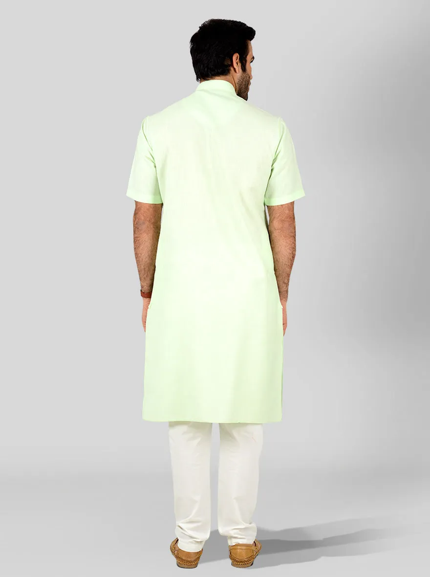 Pastel Green Self Textured Regular Fit Modi Kurta | JadeBlue