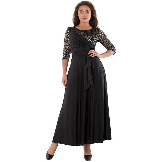 Plus Size - Women Long Dress Maxi Autumn Winter Big Sizes Lace Patchwork Dress Sexy Party Dresses Black Clothing (US 10-22W)