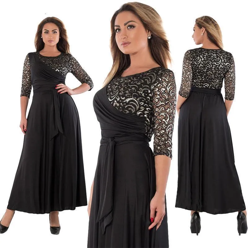 Plus Size - Women Long Dress Maxi Autumn Winter Big Sizes Lace Patchwork Dress Sexy Party Dresses Black Clothing (US 10-22W)