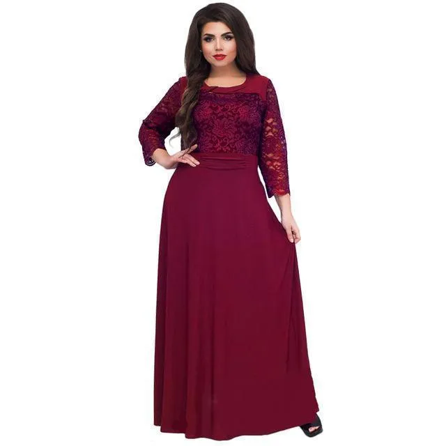 Plus Size - Women Long Dress Maxi Autumn Winter Big Sizes Lace Patchwork Dress Sexy Party Dresses Black Clothing (US 10-22W)