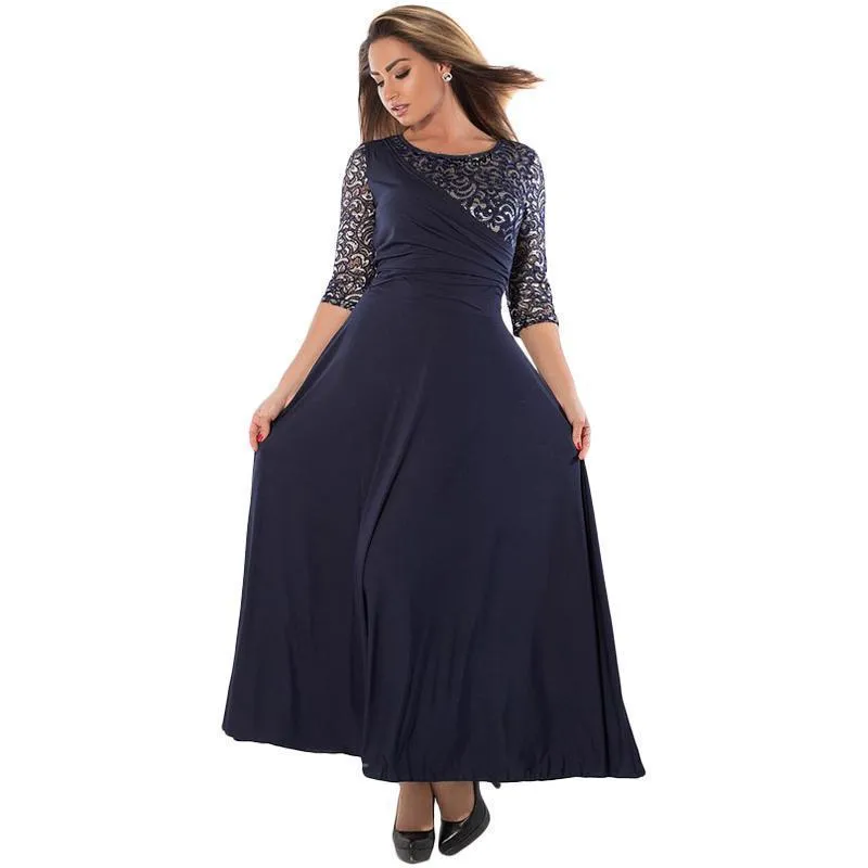 Plus Size - Women Long Dress Maxi Autumn Winter Big Sizes Lace Patchwork Dress Sexy Party Dresses Black Clothing (US 10-22W)