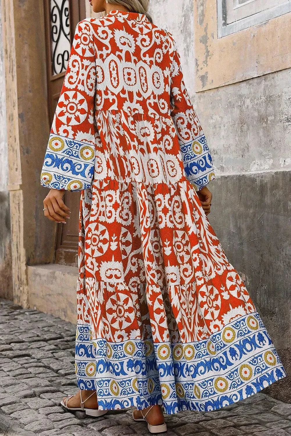 Printed Notched Long Sleeve Maxi Dress