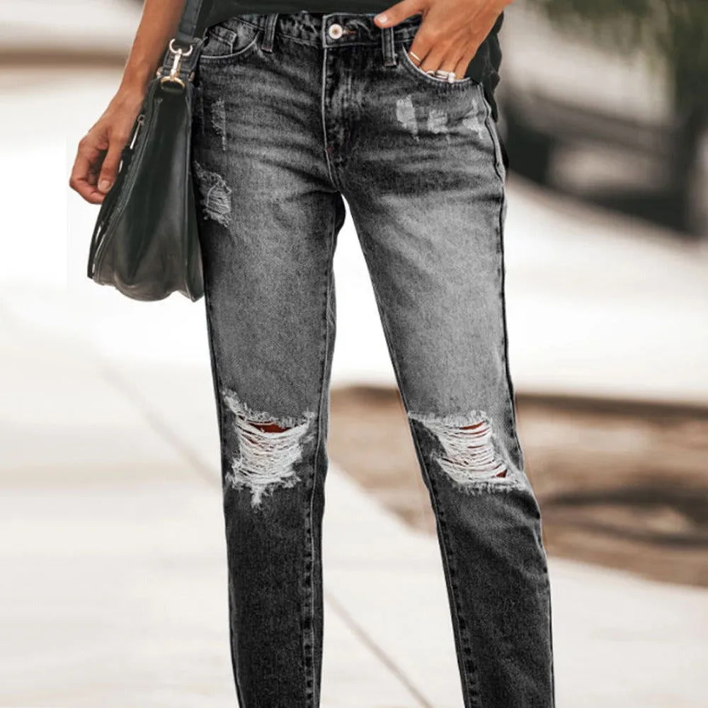 Retro Ripped High Waist Straight Leg Pencil Denim Jeans