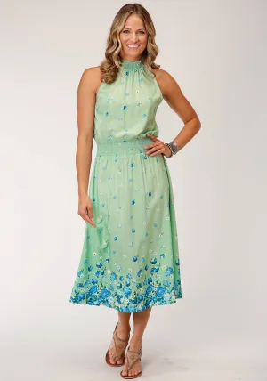 Roper Womens Floral Border Print Green Polyester S/L Dress