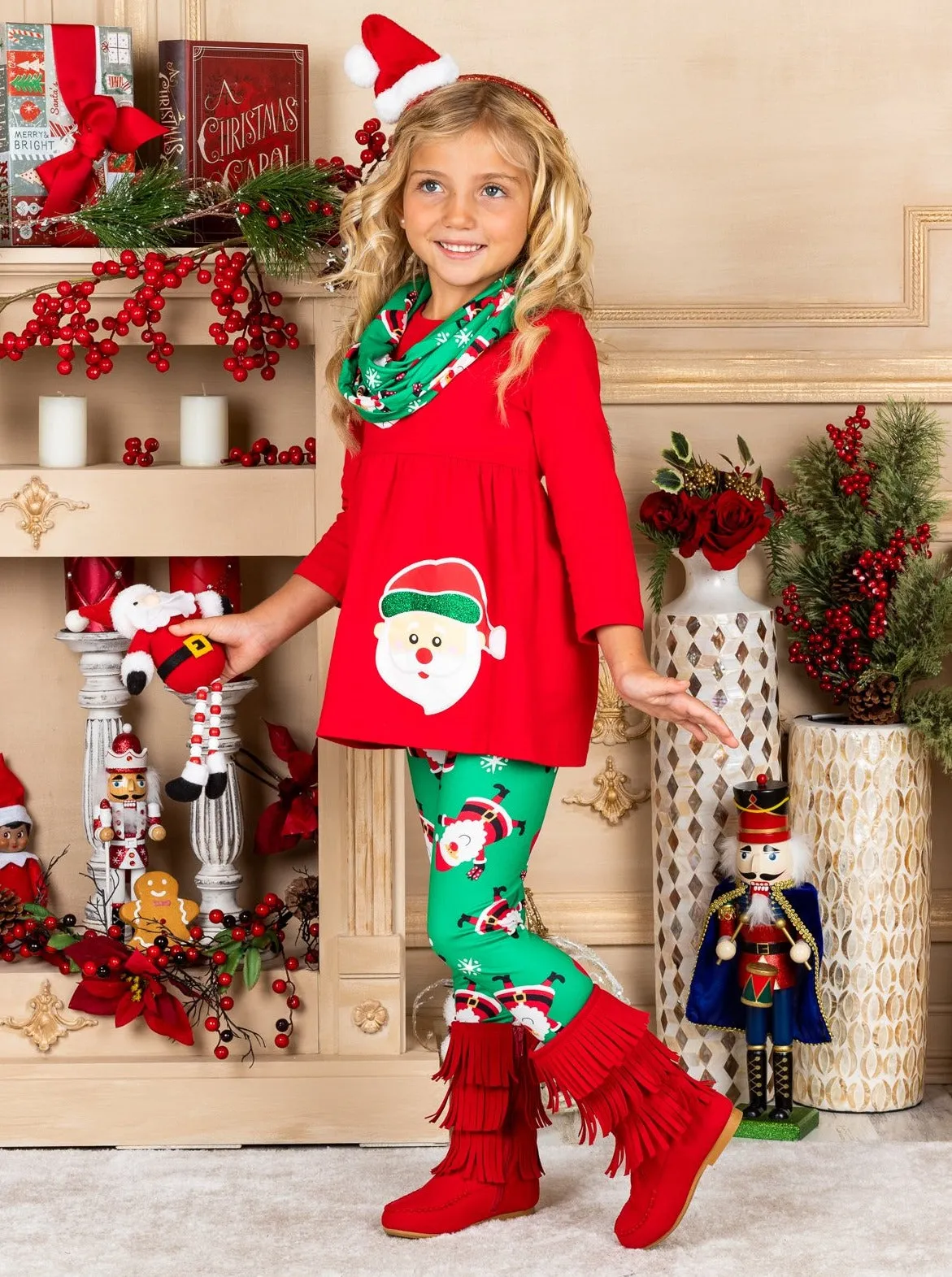 Santa, Baby Tunic, Scarf And Legging Set