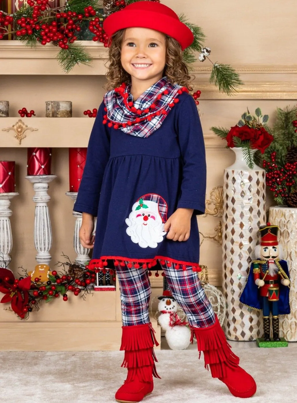 Santa's Favorite Tunic, Plaid Scarf And Legging Set