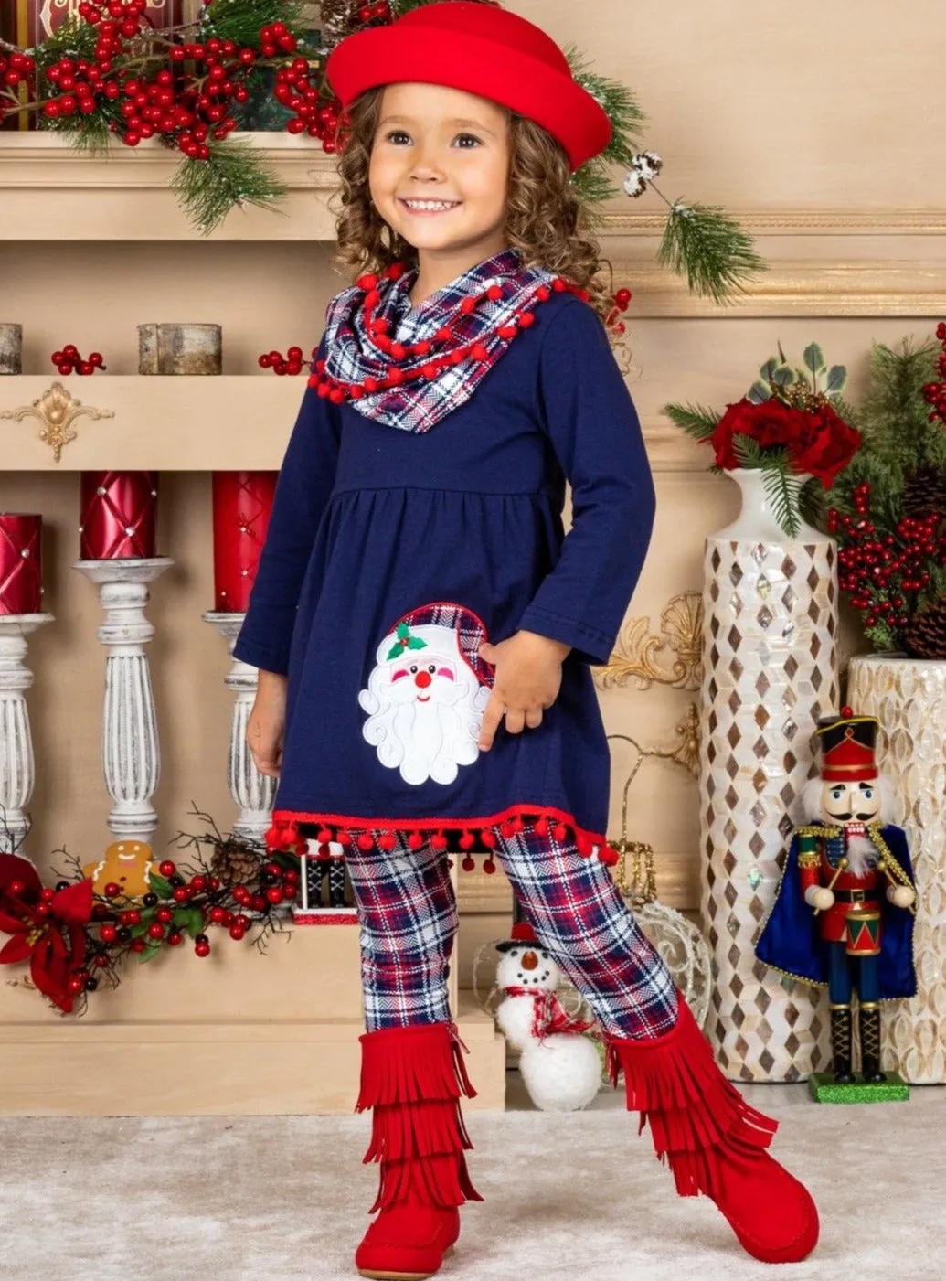 Santa's Favorite Tunic, Plaid Scarf And Legging Set