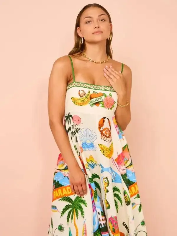 Sexy Sling Graffiti Polyester Printing Large Swing Dress