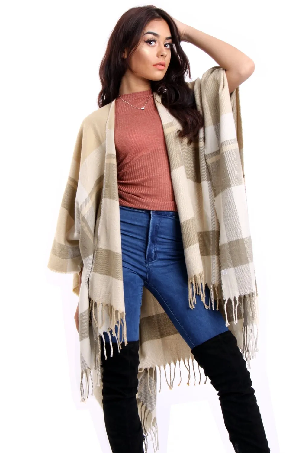 Stone Check Blanket Cape with Tassels