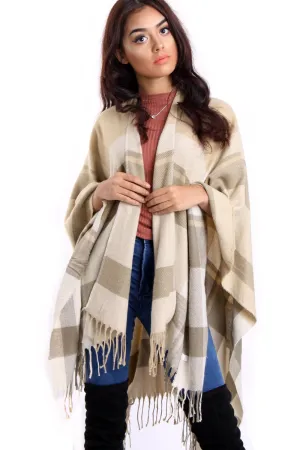 Stone Check Blanket Cape with Tassels