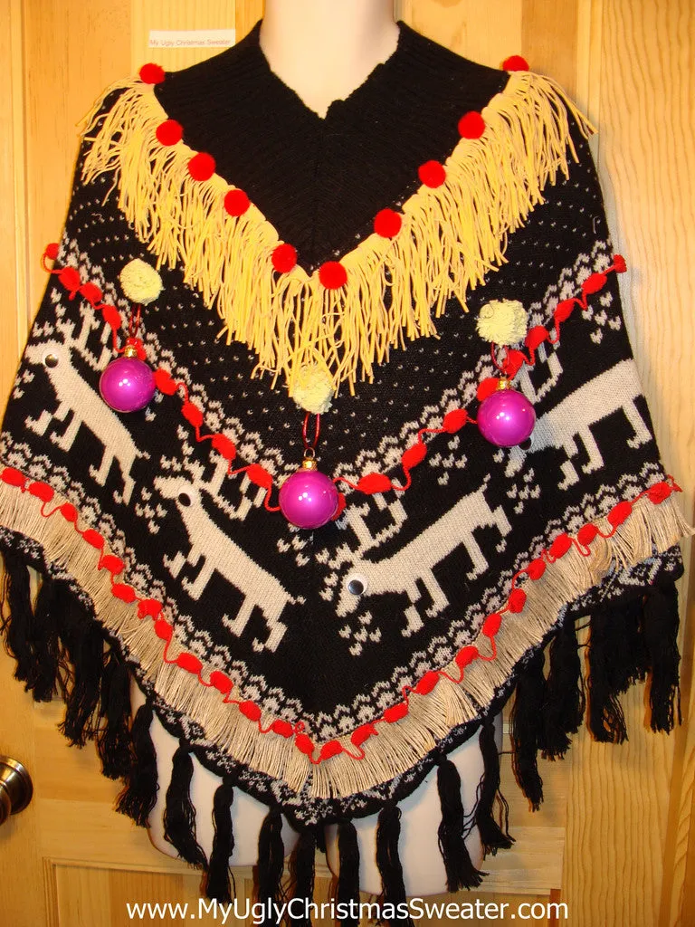 Ugly Christmas Sweater Party Holy Grail of Ugly Sweater Poncho with 3D Ornaments and Fringe. Nordic Pattern with Reindeer.  Great Sweater Alternative for Mens XL, XXL or Mens XXXL  (z14)