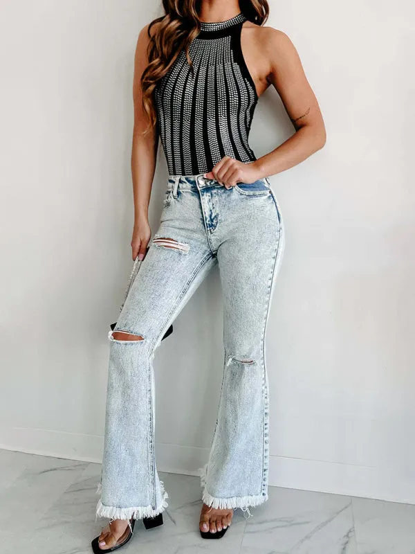 Women's Ripped Jeans Micro-Boom Washed High Waist Pants